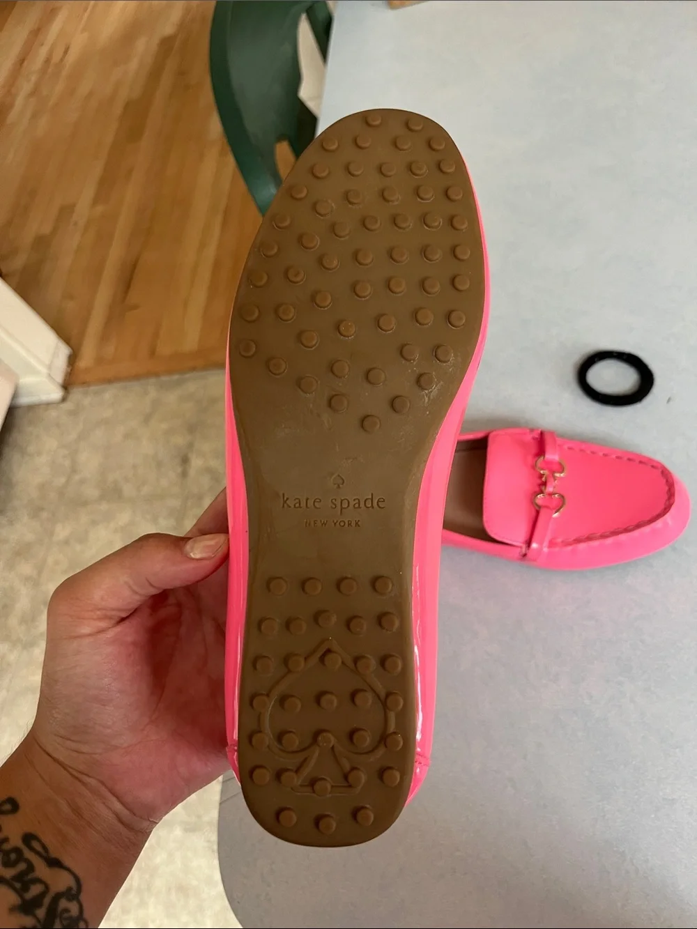 kate spade Coral Pink Leather Loafers with Gold-Tone Bit